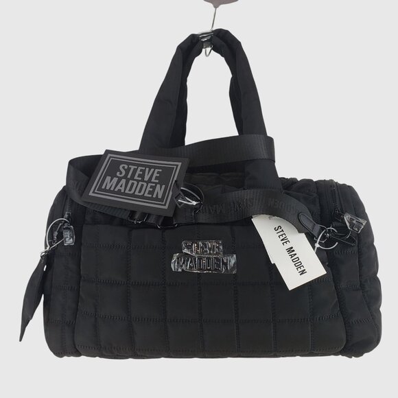 Steve Madden Quilted Nylon Black Duffel Bag With Star Charm & Adjustable Strap - Picture 2 of 13